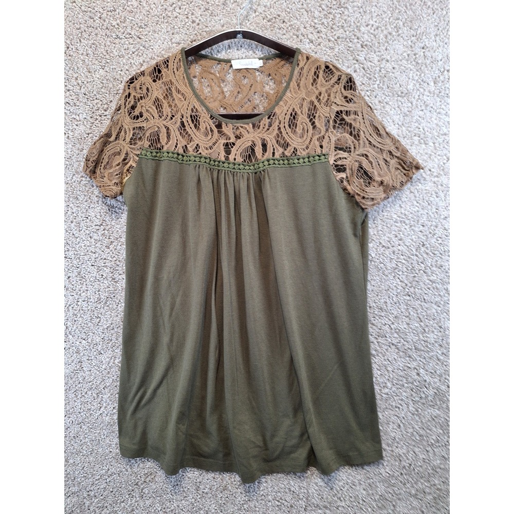 Spadehill Top Womens XL Olive Green Lace Crochet‎ Yoke Short Sleeve Boho Peasant